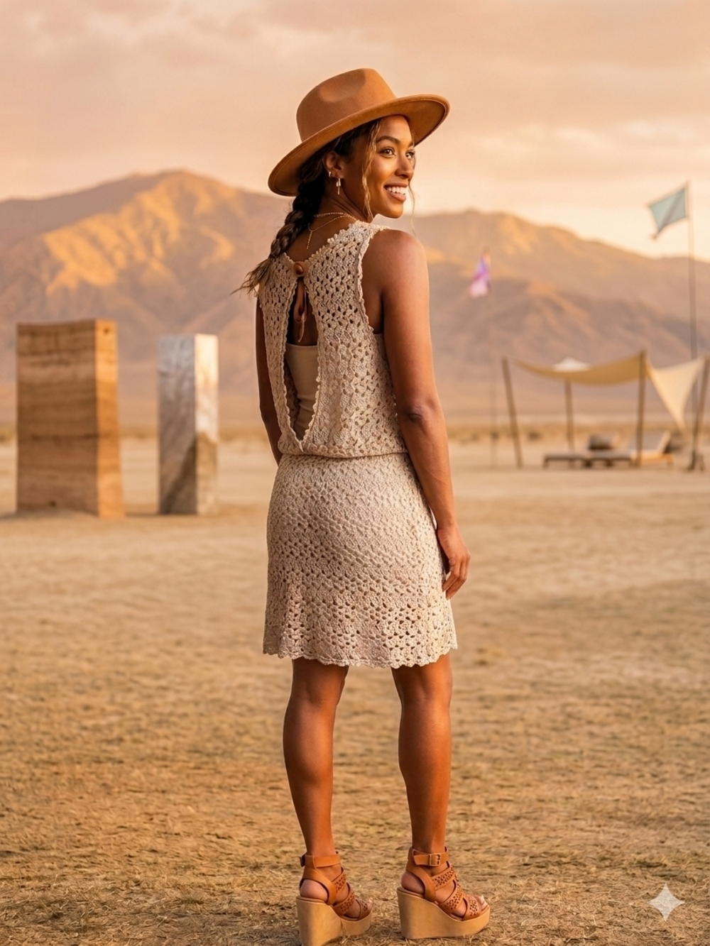 Crochet Knit Cream Sleeveless Dress